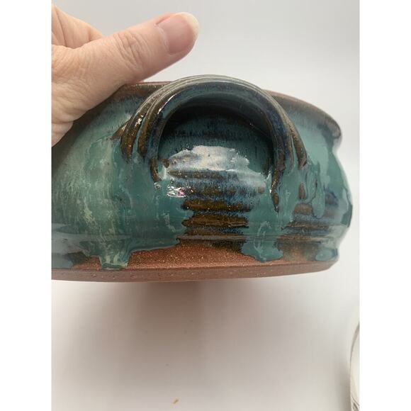 Vintage Signed Art Pottery Bowl Blue Drop Glaze Handles 8+ Inches Wide - Picture 7 of 7